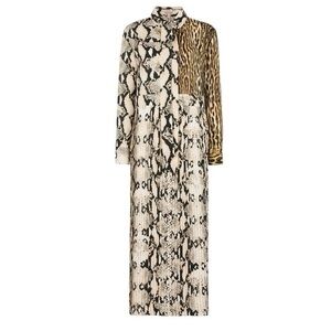 Roberto Cavalli Mixed Animal-Print Longe Sleeve Midi Shirtdress Pleated Size 2